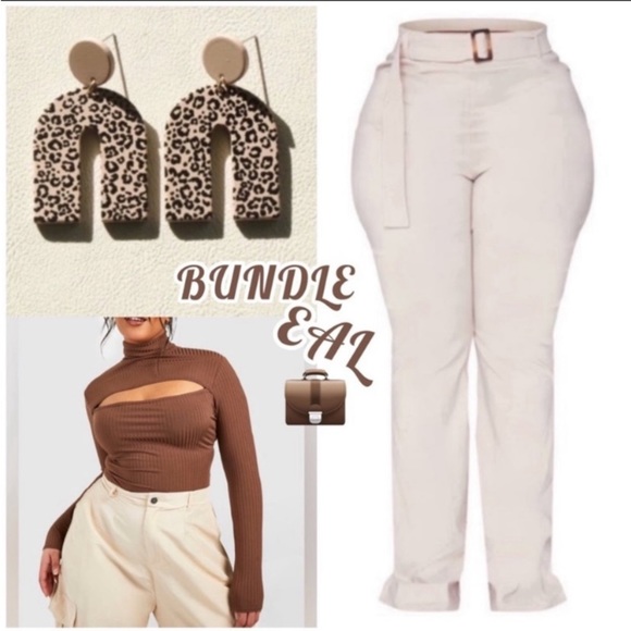 RIBBED BODYSUIT | HIGH WAISTED KHAKIS & EARRING’S BUNDLE DEAL - Picture 1 of 11